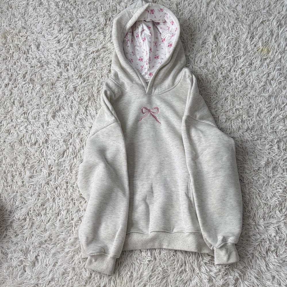 Cozy Heather Grey Embroidered Hoodie - Flower Design - Size Small